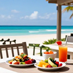 Caribbean Holidays, Turks and Caicos Spa Breaks, Healthy Caribbean spa lunch with fresh fruit, seafood, colourful salad and tropical drink on a shaded terrace in Turks and Caicos