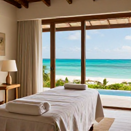 Caribbean Holidays, Turks and Caicos Spa Breaks, Quiet luxury spa setting overlooking turquoise sea on Providenciales, Turks and Caicos, with treatment room, natural textures and soft October light