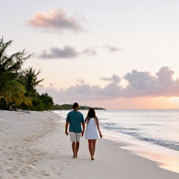Caribbean Holidays, Turks and Caicos Spa Breaks, Relaxed couple walking along a quiet white-sand beach at sunset in Turks and Caicos during October