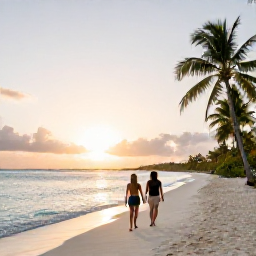 Caribbean Holidays, Turks and Caicos Spa, Couple walking along Grace Bay Beach at sunset with calm turquoise water and palm trees