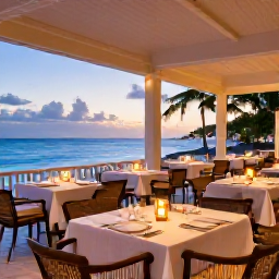 Caribbean Holidays, Turks and Caicos Spa, Elegant beachfront restaurant in Turks and Caicos serving a relaxed dinner under soft evening lights