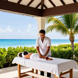 Caribbean Holidays, Turks and Caicos Spa, Open-air Caribbean spa pavilion with a therapist preparing a massage, tropical greenery and ocean views