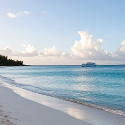 Caribbean Holidays, Turks and Caicos Tours, A bright October morning over Grace Bay Beach in Providenciales, Turks and Caicos, with calm turquoise water, white sand and a small tour boat offshore