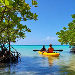 Caribbean Holidays, Turks and Caicos Tours, A guided kayak tour through the mangroves of Turks and Caicos, with calm shallow water, green mangrove roots and bright coastal scenery