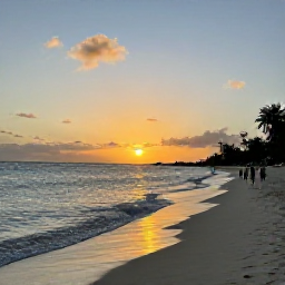 Caribbean Holidays, Turks and Caicos Tours, A peaceful sunset at Long Bay Beach in Turks and Caicos, with gentle waves, warm golden light and visitors strolling along the shore