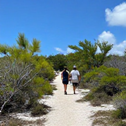Caribbean Holidays, Turks and Caicos Walks, Walkers exploring a natural trail through scrubland and low woodland on Providenciales, Turks and Caicos, under a bright May sky
