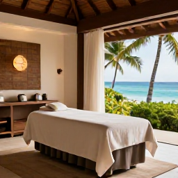 Caribbean Holidays, Turks and Caicos Wellness, Calm tropical spa setting in Turks and Caicos with natural textures, warm light, treatment bed and peaceful palm-filled surroundings