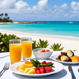 Caribbean Holidays, Turks and Caicos Wellness, Healthy Caribbean breakfast with tropical fruit, fresh juice and seafood lunch overlooking the sea in Turks and Caicos