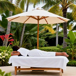 Caribbean Holidays, Turks and Caicos Wellness, Open-air spa treatment beside a tropical garden in Turks and Caicos, relaxed guest, palms and soft natural colours