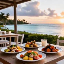 Caribbean Holidays, Turks and Caicos Wellness, Outdoor restaurant in Turks and Caicos at sunset, serving fresh Caribbean seafood and healthy colourful dishes beside the sea