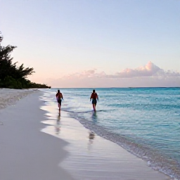 Caribbean Holidays, Turks and Caicos Wellness, Outdoor wellness scene on Grace Bay Beach, showing a visitor walking barefoot beside clear shallow water at sunrise