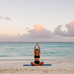 Caribbean Holidays, Turks and Caicos Wellness, Person practising yoga on a quiet Turks and Caicos beach at dawn, turquoise water, pale sand and peaceful atmosphere