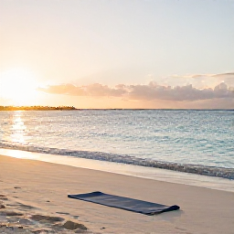 Caribbean Holidays, Turks and Caicos Wellness, Quiet white-sand beach at sunrise in Turks and Caicos, calm turquoise sea, a yoga mat and natural tropical light