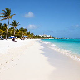 Caribbean Holidays, Turks and Caicos, Wide white-sand beach and clear turquoise sea on Providenciales, Turks and Caicos, with palm trees and a few relaxed visitors