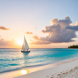 Caribbean Holidays, Turks Caicos Adventures, A small sailing boat cruising past a white beach and turquoise sea at sunset in Turks and Caicos