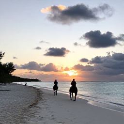 Caribbean Holidays, Turks Caicos Adventures, Horse riders travelling along a quiet white sand beach at sunset in Turks and Caicos