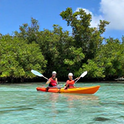Caribbean Holidays, Turks Caicos Adventures, Travellers kayaking through clear shallow water beside mangroves in Turks and Caicos