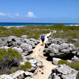 Caribbean Holidays, Turks Caicos Adventures, Visitors hiking across a rugged coastal trail with scrubland, limestone rocks and wide blue ocean views on Grand Turk