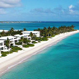 Caribbean Holidays, Turks Caicos All Inclusive, Aerial view of a luxurious all-inclusive resort on Grace Bay Beach, turquoise sea, white sand and palm trees in the Turks and Caicos Islands