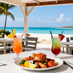 Caribbean Holidays, Turks Caicos All Inclusive, Colourful fresh Caribbean seafood, tropical fruit and cocktails served at an open-air beachfront restaurant in Turks and Caicos