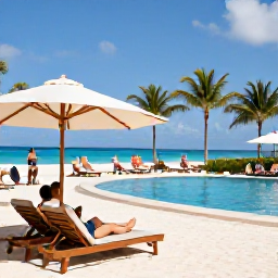 Caribbean Holidays, Turks Caicos All-Inclusive, Comfortable beachfront all-inclusive resort in Turks and Caicos with loungers, palm trees and guests relaxing beside a pool