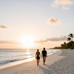 Caribbean Holidays, Turks Caicos All-Inclusive, Couple walking along a quiet white-sand beach at sunset in Turks and Caicos