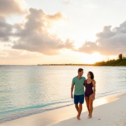 Caribbean Holidays, Turks Caicos All Inclusive, Happy couple walking barefoot beside calm turquoise water at sunset on Grace Bay Beach, Turks and Caicos