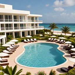 Caribbean Holidays, Turks Caicos April, A stylish all-inclusive resort in Turks and Caicos, showing a pool, sun loungers, tropical gardens and guests enjoying a relaxed April afternoon