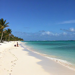 Caribbean Holidays, Turks Caicos April, A sunny Grace Bay beach in Turks and Caicos in April, with calm turquoise water, white sand, palm trees and a couple relaxing near the shoreline