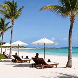 Caribbean Holidays, Turks Caicos August, Elegant beachfront resort on Grace Bay with palm trees, sun loungers and guests enjoying a relaxed August holiday
