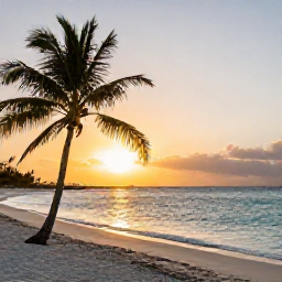 Caribbean Holidays, Turks Caicos August, Golden sunset over Grace Bay Beach with palm silhouettes and calm turquoise water in the Turks and Caicos Islands