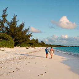 Caribbean Holidays, Turks Caicos Beaches, A couple walking along a deserted white-sand beach in Turks and Caicos during warm golden afternoon light