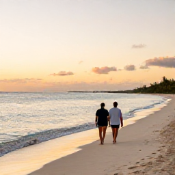 Caribbean Holidays, Turks Caicos Beaches, A couple walking along a quiet white-sand beach at sunset in Turks and Caicos, with calm sea and warm golden light