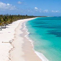 Caribbean Holidays, Turks Caicos Beaches, A wide aerial view of Grace Bay Beach on Providenciales, with clear turquoise water, soft white sand and a few sun loungers beneath palm trees