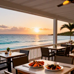 Caribbean Holidays, Turks Caicos Beaches, An outdoor beachfront restaurant in Turks and Caicos serving fresh seafood at sunset, with relaxed tables and a view of the sea