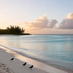 Caribbean Holidays, Turks Caicos Birdwatching, A calm turquoise lagoon and sandy shoreline in the Turks and Caicos Islands at sunrise, with native Caribbean birds in the foreground