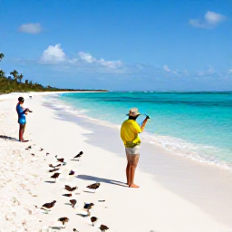 Caribbean Holidays, Turks Caicos Birdwatching, A friendly birdwatching guide and visitors observing shorebirds beside a peaceful beach in the Turks and Caicos Islands