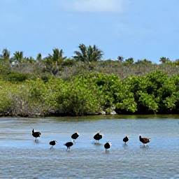 Caribbean Holidays, Turks Caicos Birdwatching, White-cheeked pintails and other waterbirds feeding beside shallow mangroves on a sunny Turks and Caicos wetland