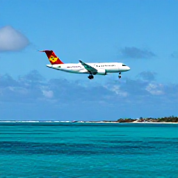 Caribbean Holidays, Turks Caicos Business Class, A business-class aircraft arriving over the turquoise sea beside Providenciales, Turks and Caicos Islands, in bright April sunshine
