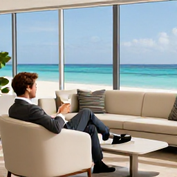 Caribbean Holidays, Turks Caicos Business Class, A business class passenger relaxing in an elegant airport lounge before flying to the turquoise waters of Turks and Caicos