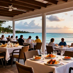 Caribbean Holidays, Turks Caicos Business Class, A stylish beachfront restaurant in Providenciales at sunset, with outdoor tables, fresh seafood dishes and relaxed diners overlooking the Caribbean Sea