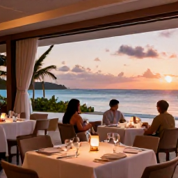 Caribbean Holidays, Turks Caicos Business Class, An elegant beachfront restaurant at sunset on Providenciales, with diners enjoying Caribbean food and a calm sea view