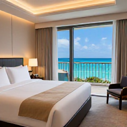 Caribbean Holidays, Turks Caicos Business Class, An elegant Turks and Caicos resort room with ocean views, a balcony, crisp bedding and soft evening light, representing a luxurious business class holiday