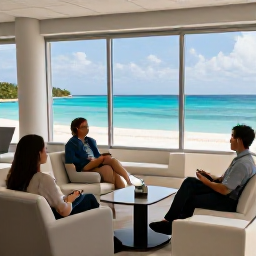 Caribbean Holidays, Turks Caicos Business Class, Business class passengers relaxing in a bright airport lounge before flying to the turquoise waters and white sands of Providenciales, Turks and Caicos Islands