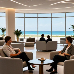 Caribbean Holidays, Turks Caicos Business Class, Business class passengers relaxing in a bright modern airport lounge before flying to the turquoise waters of Turks and Caicos