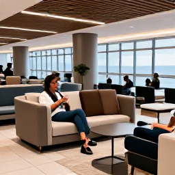 Caribbean Holidays, Turks Caicos Business Class, Business class passengers relaxing in a modern airport lounge before a flight to the Turks and Caicos Islands