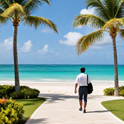 Caribbean Holidays, Turks Caicos Business Class, Business class traveller arriving at a stylish beachfront resort in Providenciales, Turks and Caicos Islands, with palm trees and turquoise sea