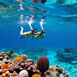 Caribbean Holidays, Turks Caicos Business Class, Couple snorkelling above colourful coral and tropical fish in clear shallow water near Providenciales, Turks and Caicos Islands
