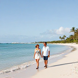 Caribbean Holidays, Turks Caicos Business Class, Couple walking along Grace Bay Beach with calm shallow water, soft sand and a relaxed Caribbean island atmosphere