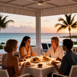 Caribbean Holidays, Turks Caicos Business Class, Elegant beachfront restaurant in Turks and Caicos at sunset, with fresh seafood, soft lighting and guests dining outdoors